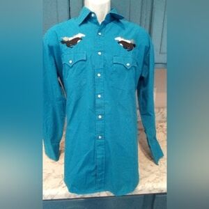 Blair Vintage Western Pearl Snap Horse Embroidered Cowboy Turquoise Shirt